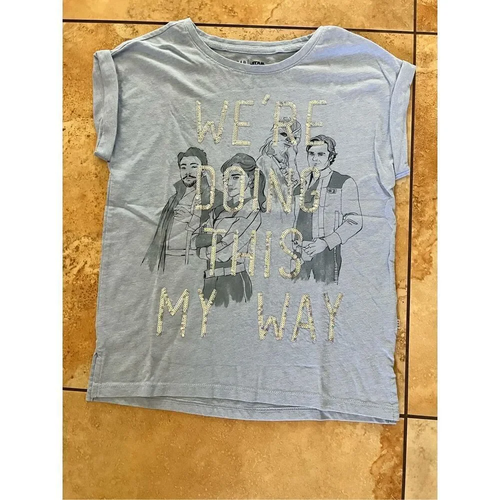 Gap x Star Wars Blue Sequin We’re Doing This My Way Graphic T Shirt Girls L RARE